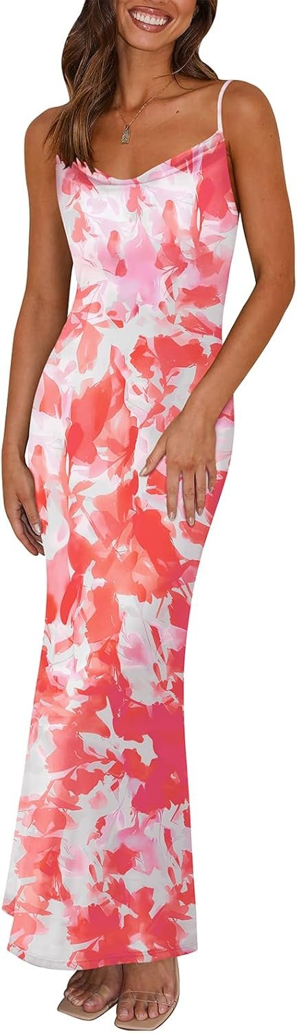 PRETTYGARDEN Women’s 2026 Summer Floral Spaghetti Strap Maxi Dress Stretch Sexy Bodycon Dress Backless Slip Long Dresses