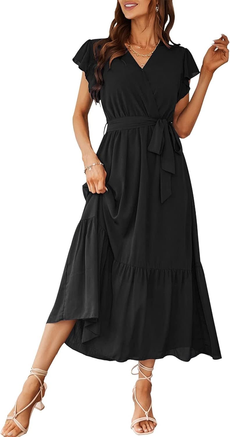 PRETTYGARDEN Women’s Summer Floral Boho Maxi Dress Short Sleeve Wrap V Neck Ruffle Long Flowy Beach Wedding Guest Dresses