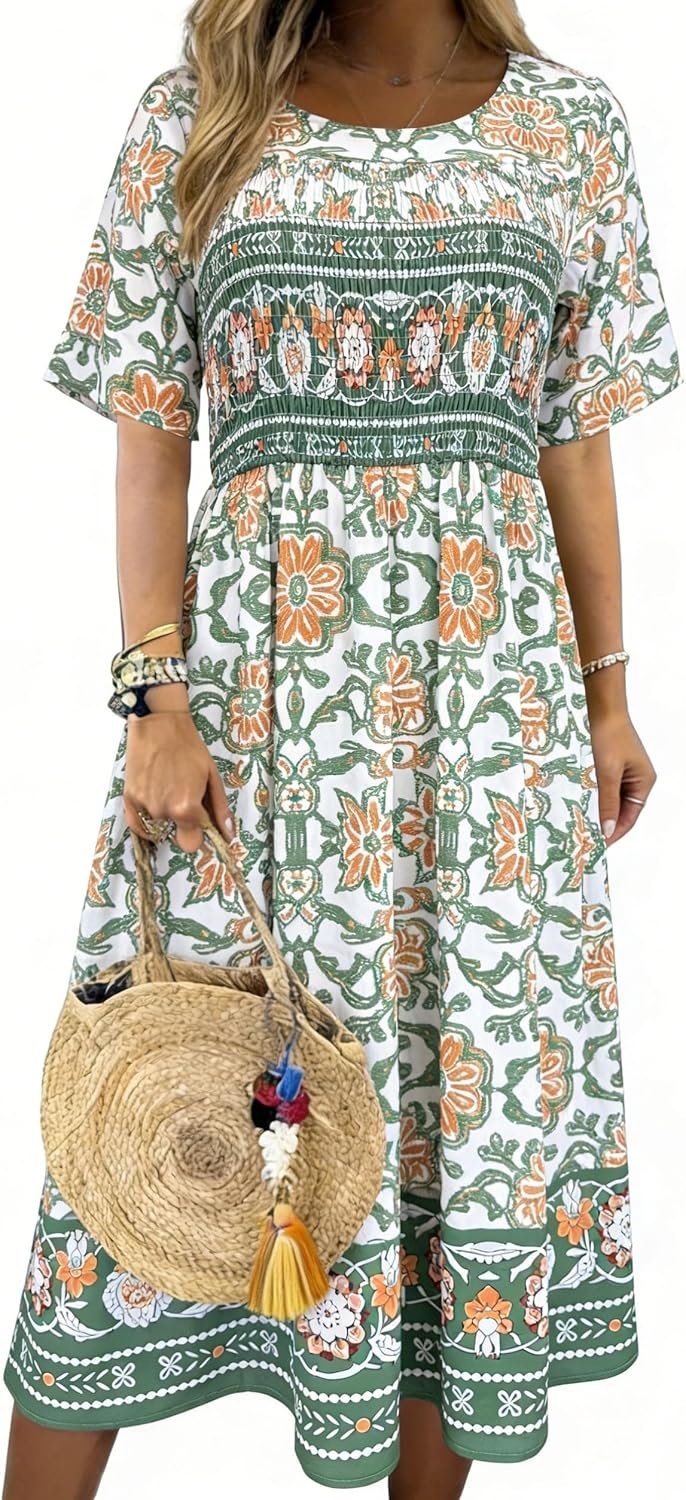 Kubsid Womens Boho Dress Summer Casual 2026 Short Sleeve Loose Fit Floral Maxi Dress Flowy Beach Vintage Sundress
